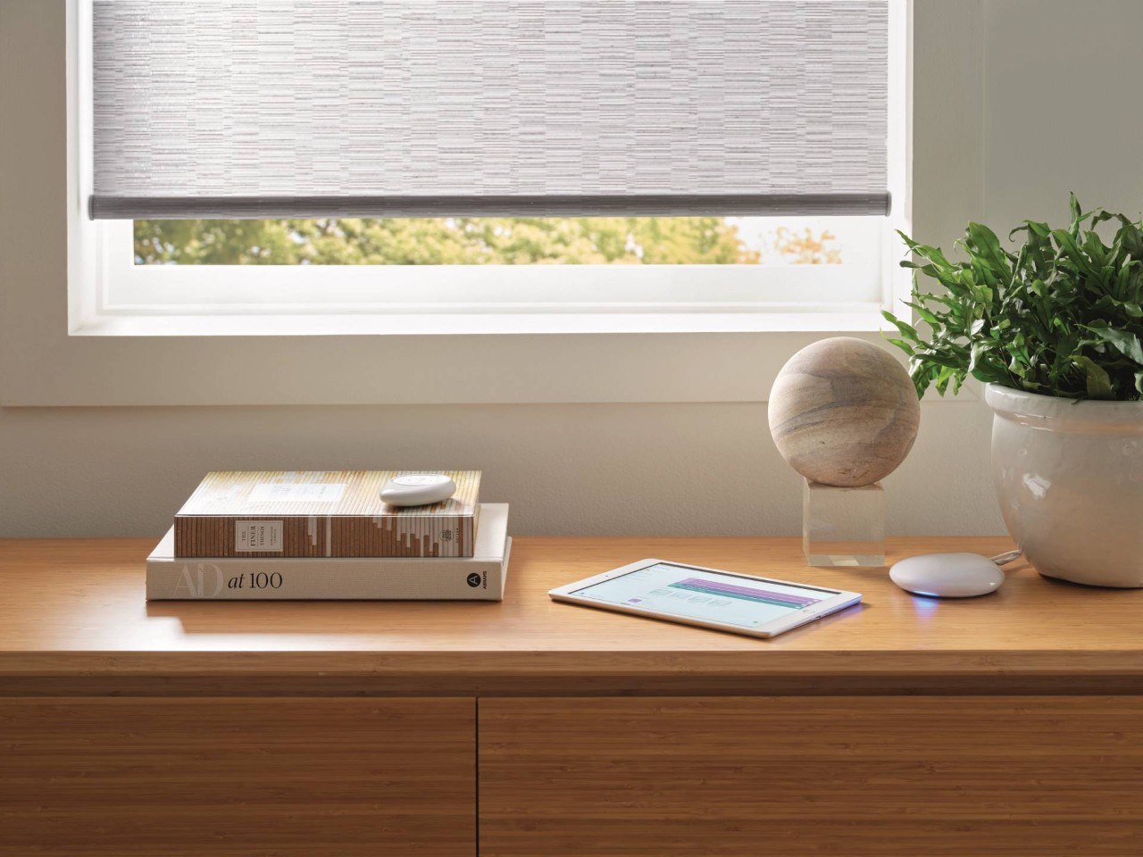 Wooden table in front of a window with books, vase, and Hunter Douglas PowerView® Automation Hub and remote set on top at Advantage Blinds near Prosper, TX