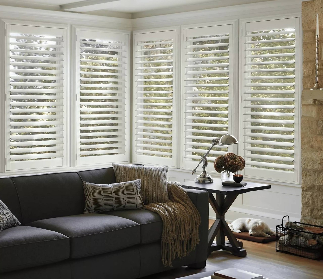 Hunter Douglas NewStyle® Shutters adorning a living room’s corner window near Arlington, Texas (TX)